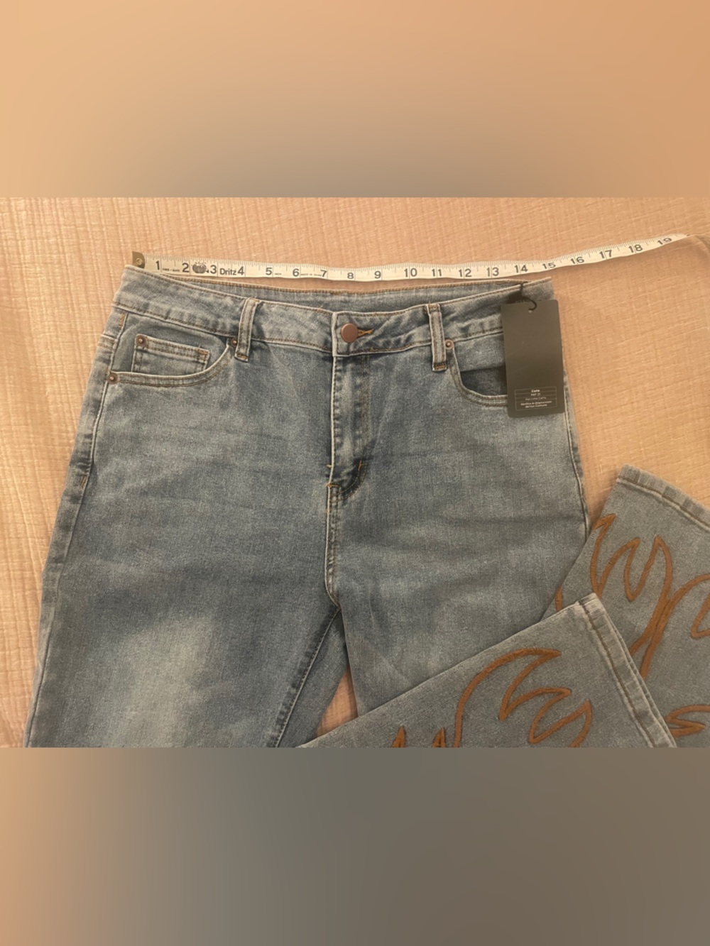 NWT WESTFADE Light Wash Jeans with Brown Flame Embroidery - Picture 3 of 8